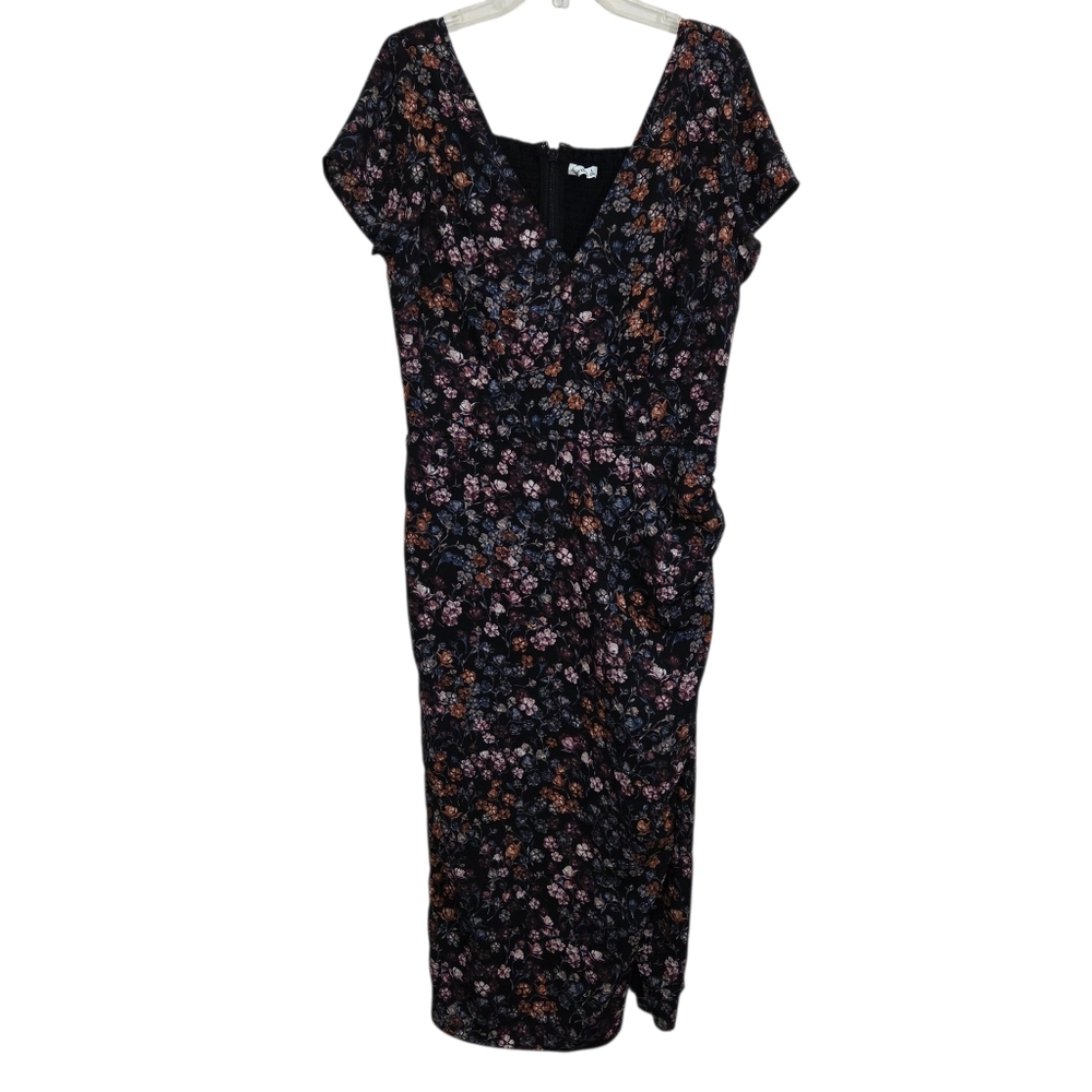 Abercrombie & Fitch Midi Dress Black Floral V-Neck Short Sleeve Size Large
